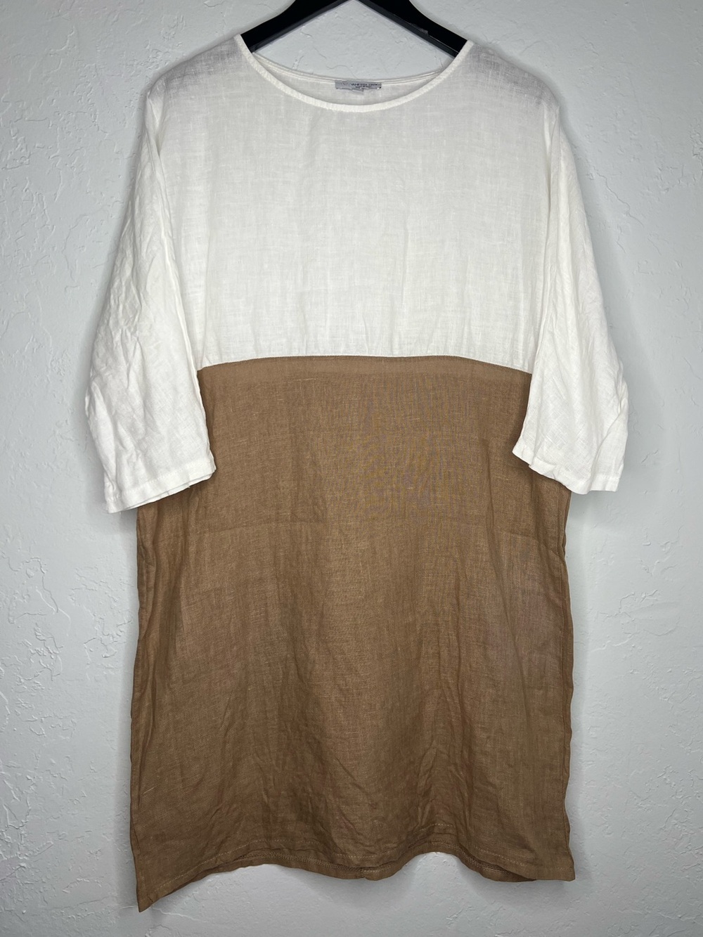 100% Italian Linen Mini Shift Dress Large Brown White Colorblock Made in Italy